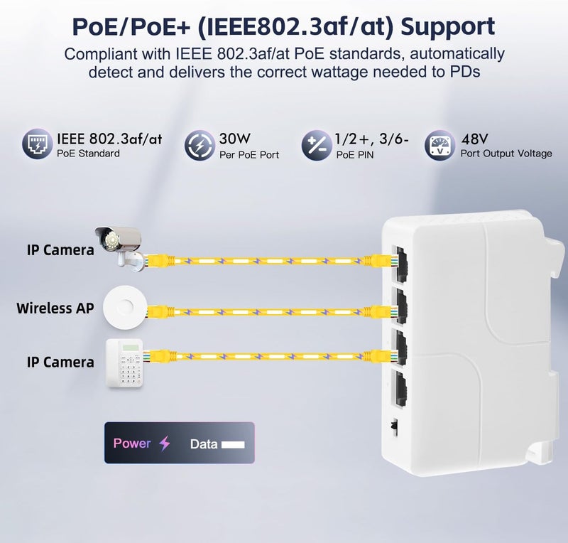 موسع 4 منافذ PoE مع 1 مدخل PoE و3 مخارج PoE، مكرر PoE IEEE 802.3 af/at بقدرة 30 واط مع سرعة 10/100 ميجابت في الثانية، مفتاح PoE تمريري للتركيب على الحائط وسكة DIN - Image 5