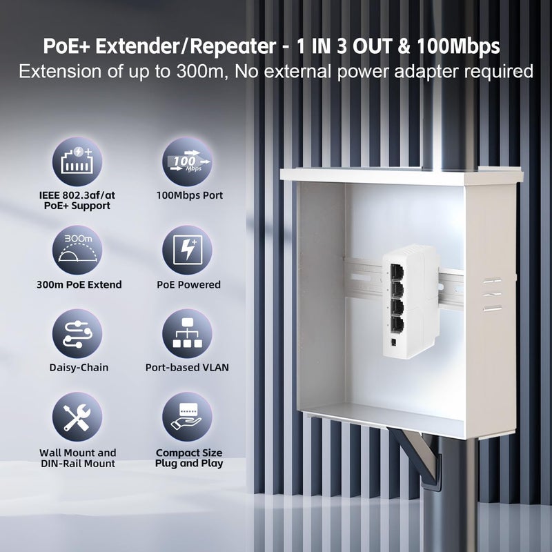 موسع 4 منافذ PoE مع 1 مدخل PoE و3 مخارج PoE، مكرر PoE IEEE 802.3 af/at بقدرة 30 واط مع سرعة 10/100 ميجابت في الثانية، مفتاح PoE تمريري للتركيب على الحائط وسكة DIN - Image 2