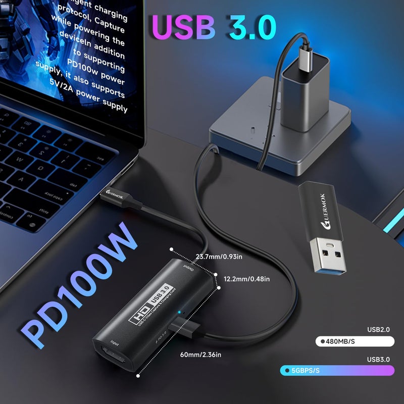 Guermok 4K USB3.0 Video Capture Card with PD 100W, 2K@30FPS or 1080P@60FPS HDMI to USB-A/C Capture Card for Streaming, Works with iPad Quest 3, Mac OS, Switch2/1 PS5/4, Xbox, Camera, Black - Image 3