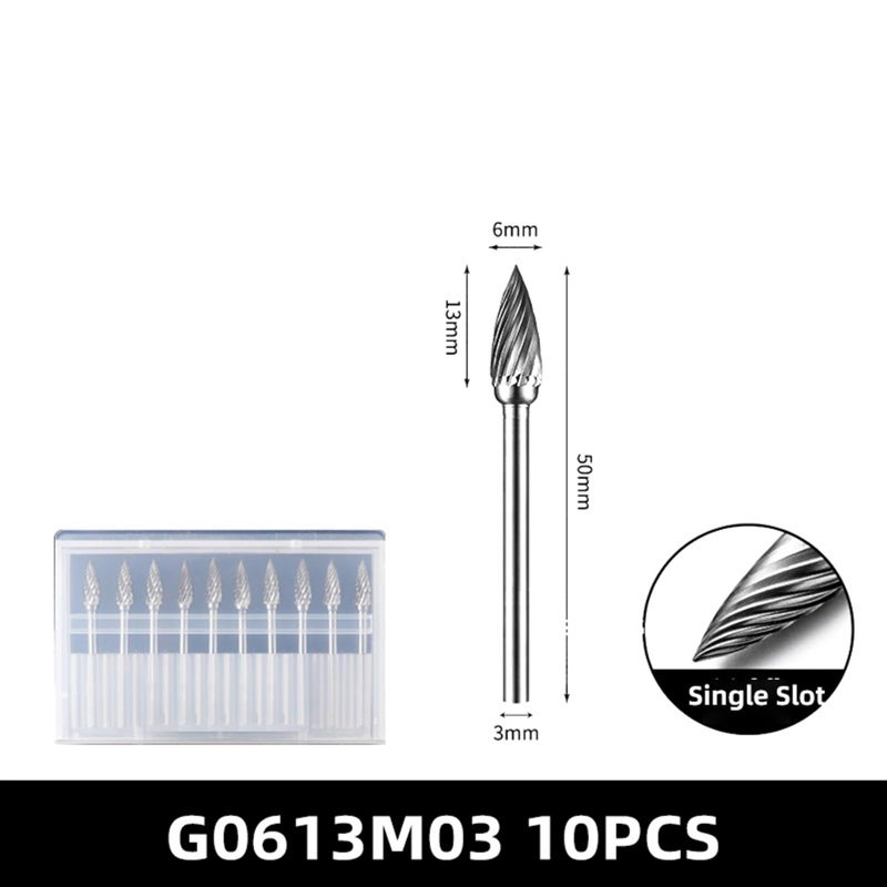 G0613M03 10PC Tungsten Carbide Rotary Burr Files 3mm Shank Engraving Tool Lime Core - Image 3