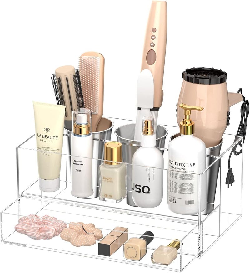 NIUBEE Hair Tool Organizer, Clear Acrylic Hair Dryer and Styling Organizer with Drawer, Bathroom Countertop Blow Dryer Holder, Vanity Caddy Storage Stand for Accessories, Makeup, Toiletries - Image 1