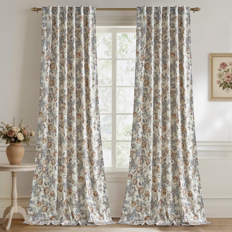 StangH Printed Floral Curtains 84 inches Long, Vintage Flower Pattern on Beige Velvet Curtains French Country Thermal Insulated Sliding Door Panels for Living Room, W52 x L84, 2 Panels - Image 1