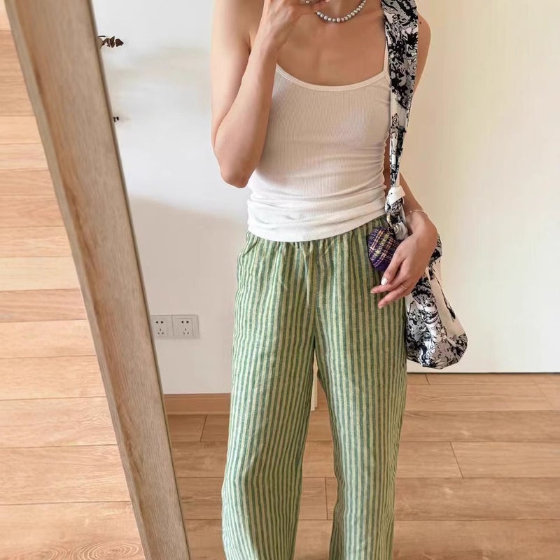 Women's Casual Linen Stripe Cropped Pants - Image 5