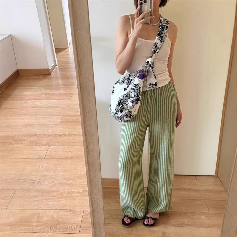 Women's Casual Linen Stripe Cropped Pants - Image 3