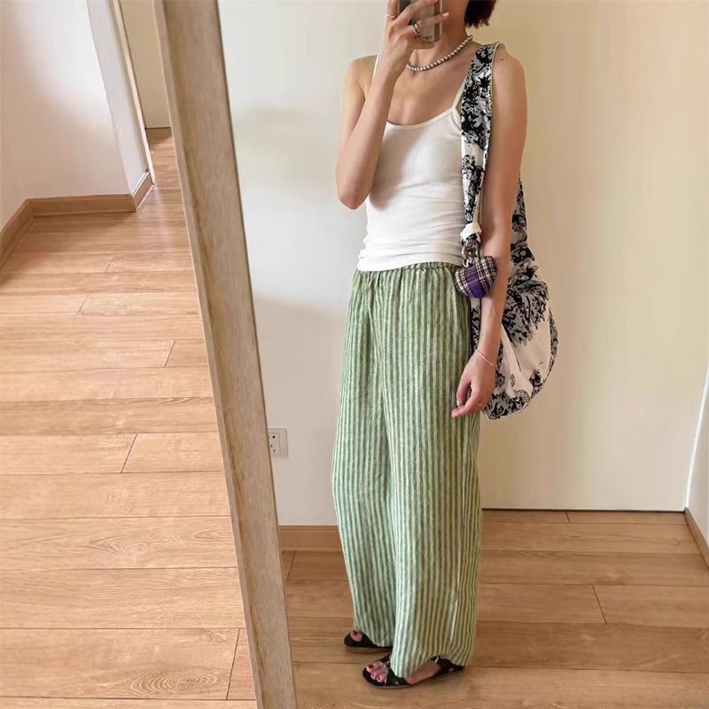 Women's Casual Linen Stripe Cropped Pants - Image 4