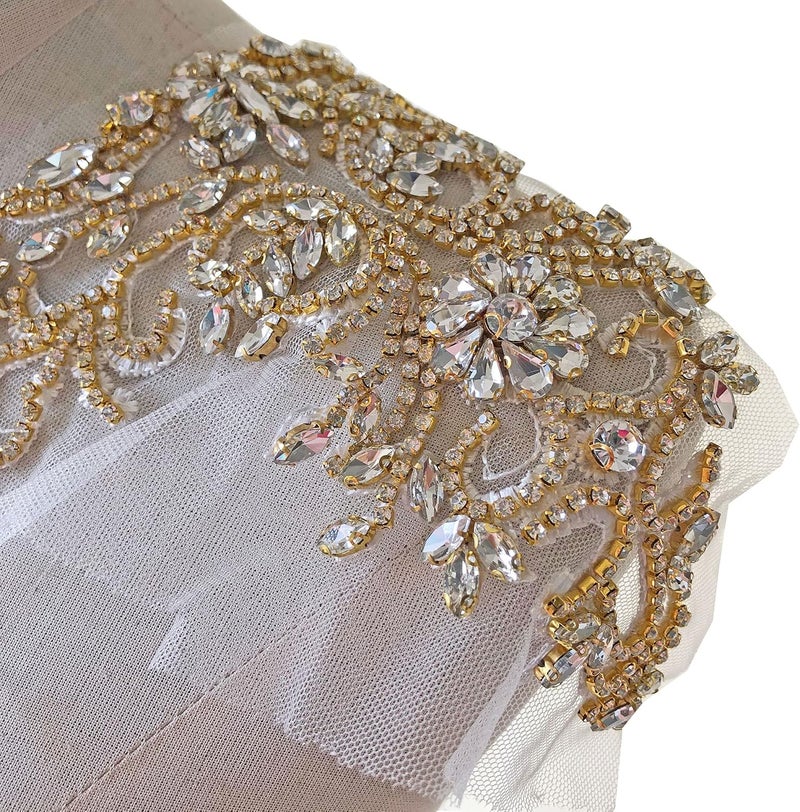 gelvs Sparkle Rhinestone Applique Wedding Dress Accessories Beaded Patch V-Neck Crystal Neckline Gold Color - Image 1