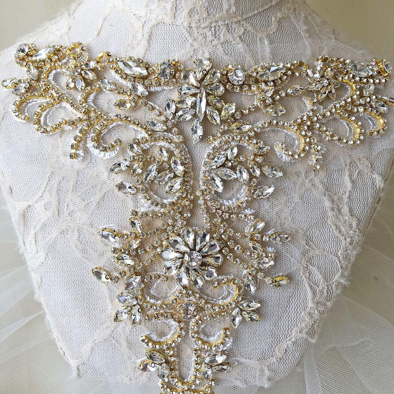 gelvs Sparkle Rhinestone Applique Wedding Dress Accessories Beaded Patch V-Neck Crystal Neckline Gold Color - Image 2