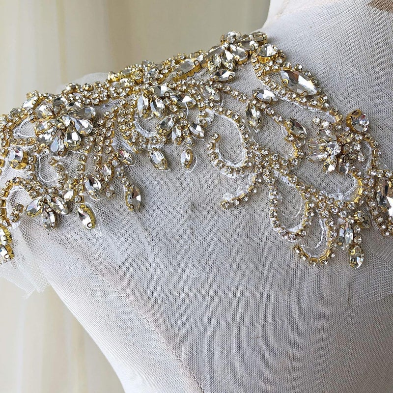 gelvs Sparkle Rhinestone Applique Wedding Dress Accessories Beaded Patch V-Neck Crystal Neckline Gold Color - Image 3