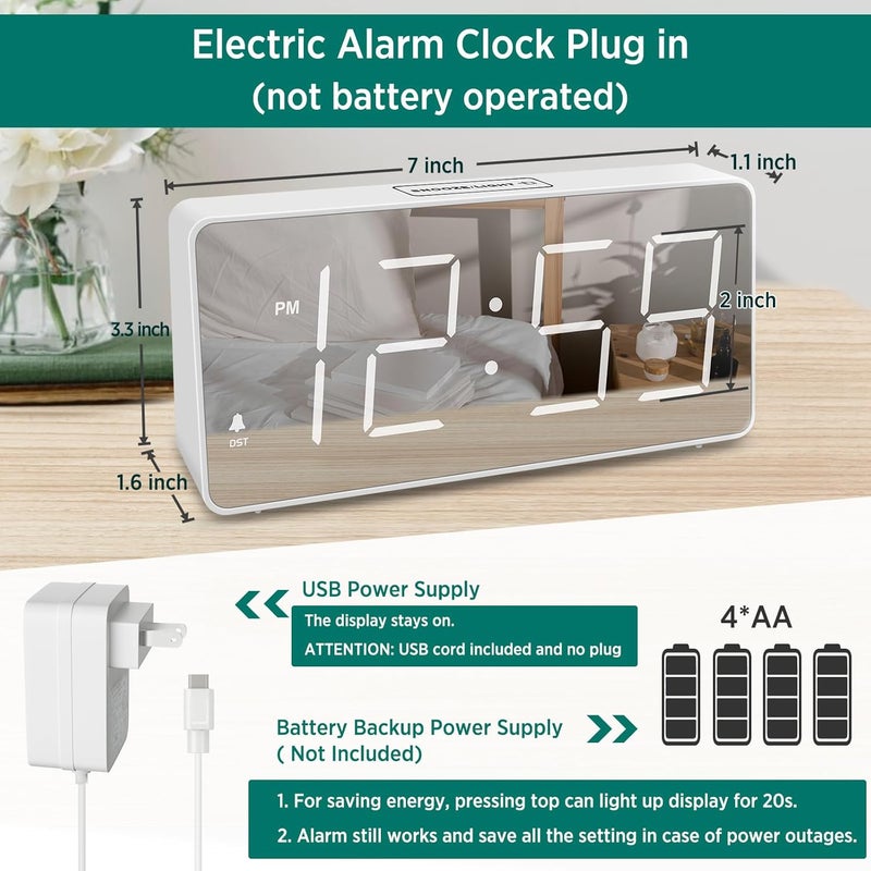 Peakeep Digital Clock, Alarm Clock Battery Backup Powered for Bedrooms – Mirror Face Large Numbers 6 Dimmer for Seniors, Super Loud for Heavy Sleepers (White) - Image 2