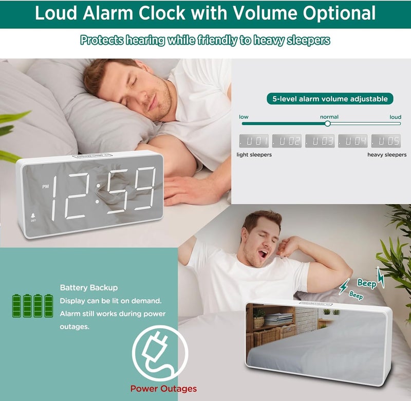 Peakeep Digital Clock, Alarm Clock Battery Backup Powered for Bedrooms – Mirror Face Large Numbers 6 Dimmer for Seniors, Super Loud for Heavy Sleepers (White) - Image 4
