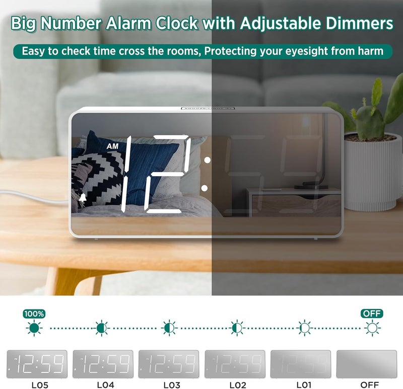 Peakeep Digital Clock, Alarm Clock Battery Backup Powered for Bedrooms – Mirror Face Large Numbers 6 Dimmer for Seniors, Super Loud for Heavy Sleepers (White) - Image 5