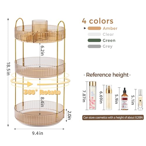 BEFSOP 360 Rotating Makeup Organizer Upgraded 3 Tier Skincare Perfume Organizers for Women Bathroom Organizer Countertop Clear Cosmetic Dresser Organizer with Makeup Brush Holder SinkCounterAmber - Image 3