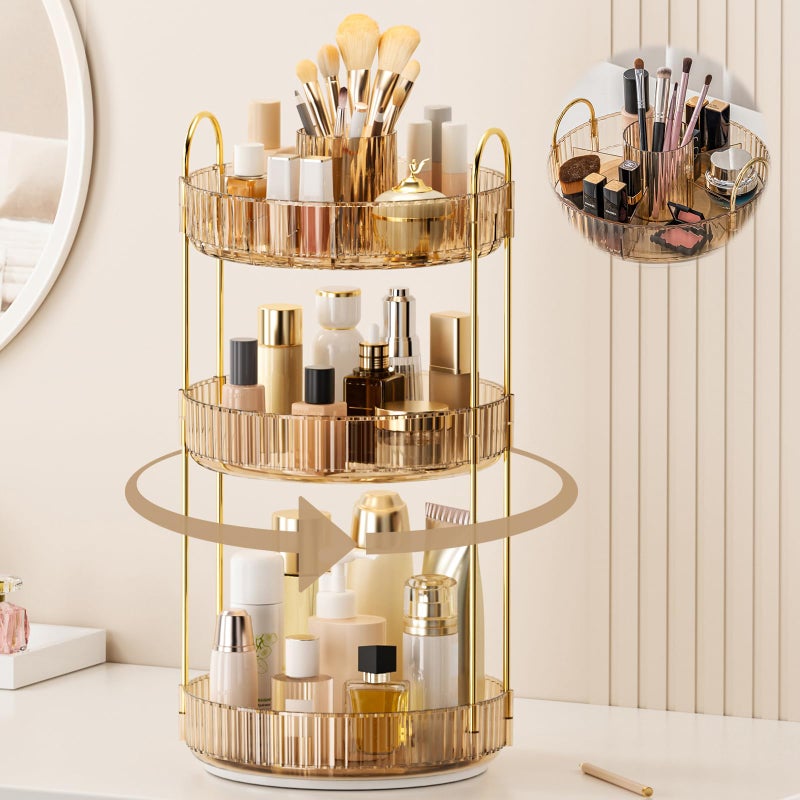 BEFSOP 360 Rotating Makeup Organizer Upgraded 3 Tier Skincare Perfume Organizers for Women Bathroom Organizer Countertop Clear Cosmetic Dresser Organizer with Makeup Brush Holder SinkCounterAmber - Image 2