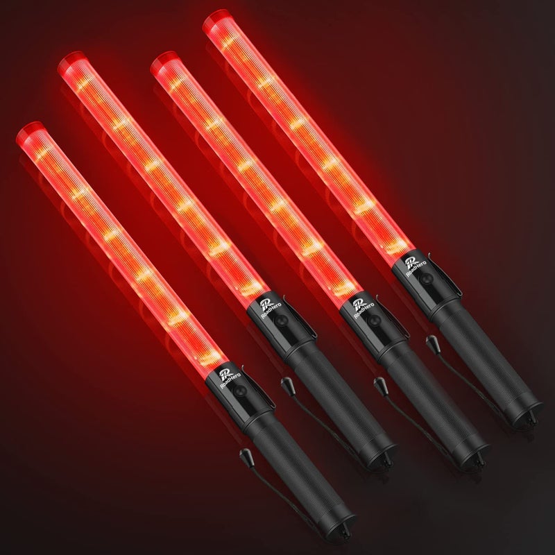 RoadHero 4 Pack Traffic Wand, 21 Inch Led Traffic Control Wands with 2 Flashing Modes, Safety Light Baton with Side Clip for Airport, Parking, Car Directing - Image 1