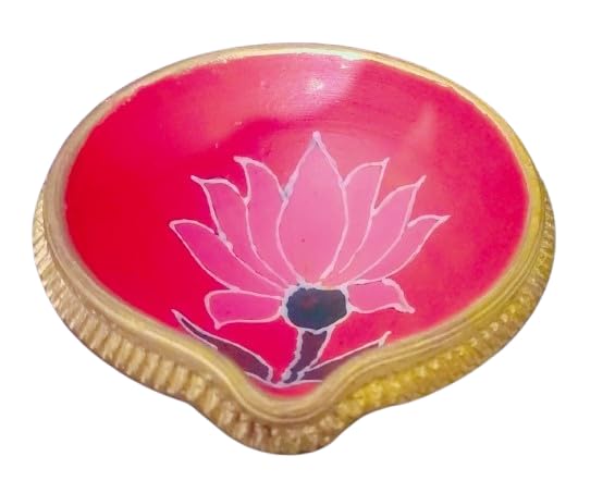 Potterywalaz Pink Lotus Design Traditional Handmade Terracotta Big Size Mitti Diya for Laxmi Puja Diwali Diyas Size 13x13x5cm - Image 3