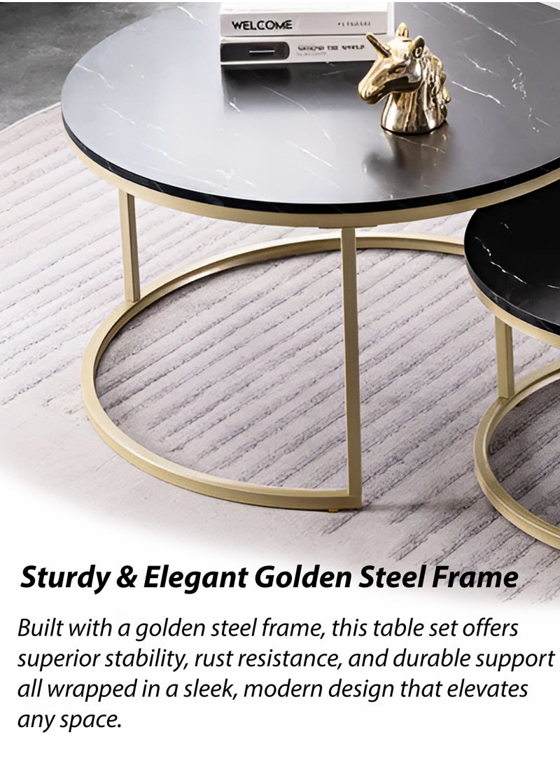 Toshionics - 2 Piece of Modern Round Nesting Coffee Table Set with Faux Marble Black and Gold Accent Center End Side Stackable Tables with Metal Steel Frame Space-Saving for Home Furniture Living Room Office Hotel Spa and Salon Lounge Reception Areas Waterproof and Scratch-Resistant Easy to Assemble - Image 1
