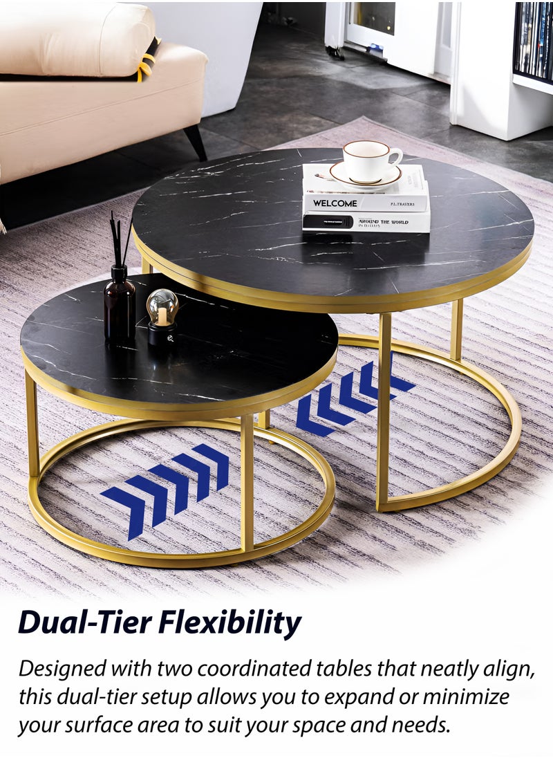 Toshionics - 2 Piece of Modern Round Nesting Coffee Table Set with Faux Marble Black and Gold Accent Center End Side Stackable Tables with Metal Steel Frame Space-Saving for Home Furniture Living Room Office Hotel Spa and Salon Lounge Reception Areas Waterproof and Scratch-Resistant Easy to Assemble - Image 1