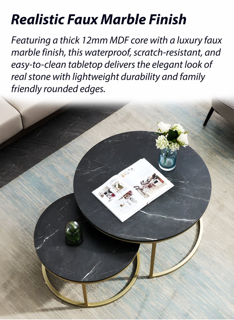 Toshionics - 2 Piece of Modern Round Nesting Coffee Table Set with Faux Marble Black and Gold Accent Center End Side Stackable Tables with Metal Steel Frame Space-Saving for Home Furniture Living Room Office Hotel Spa and Salon Lounge Reception Areas Waterproof and Scratch-Resistant Easy to Assemble - Image 1
