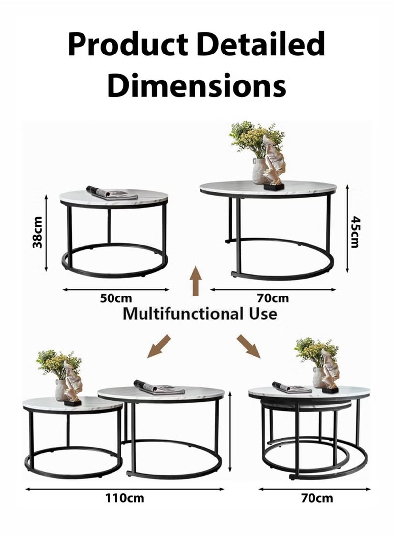 Toshionics - 2 Piece of Modern Round Nesting Coffee Table Set with Faux Marble Black and Gold Accent Center End Side Stackable Tables with Metal Steel Frame Space-Saving for Home Furniture Living Room Office Hotel Spa and Salon Lounge Reception Areas Waterproof and Scratch-Resistant Easy to Assemble - Image 1