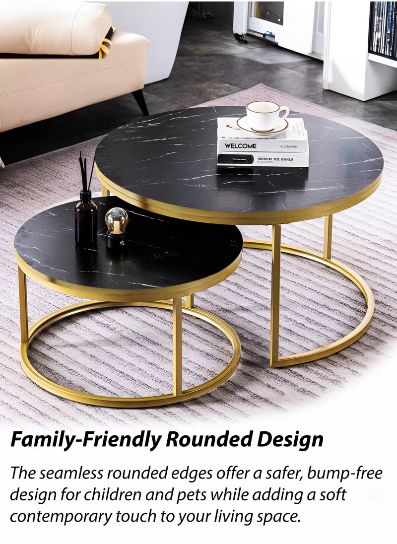 Toshionics - 2 Piece of Modern Round Nesting Coffee Table Set with Faux Marble Black and Gold Accent Center End Side Stackable Tables with Metal Steel Frame Space-Saving for Home Furniture Living Room Office Hotel Spa and Salon Lounge Reception Areas Waterproof and Scratch-Resistant Easy to Assemble - Image 1
