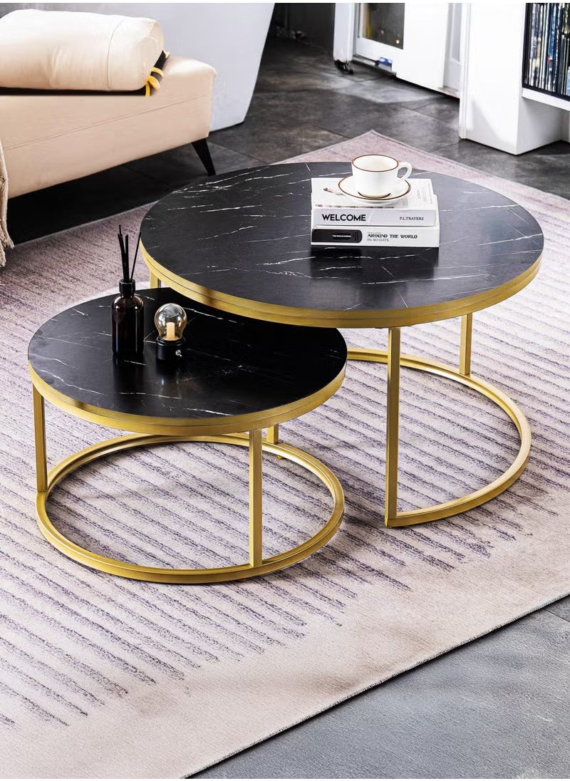 Toshionics - 2 Piece of Modern Round Nesting Coffee Table Set with Faux Marble Black and Gold Accent Center End Side Stackable Tables with Metal Steel Frame Space-Saving for Home Furniture Living Room Office Hotel Spa and Salon Lounge Reception Areas Waterproof and Scratch-Resistant Easy to Assemble - Image 1
