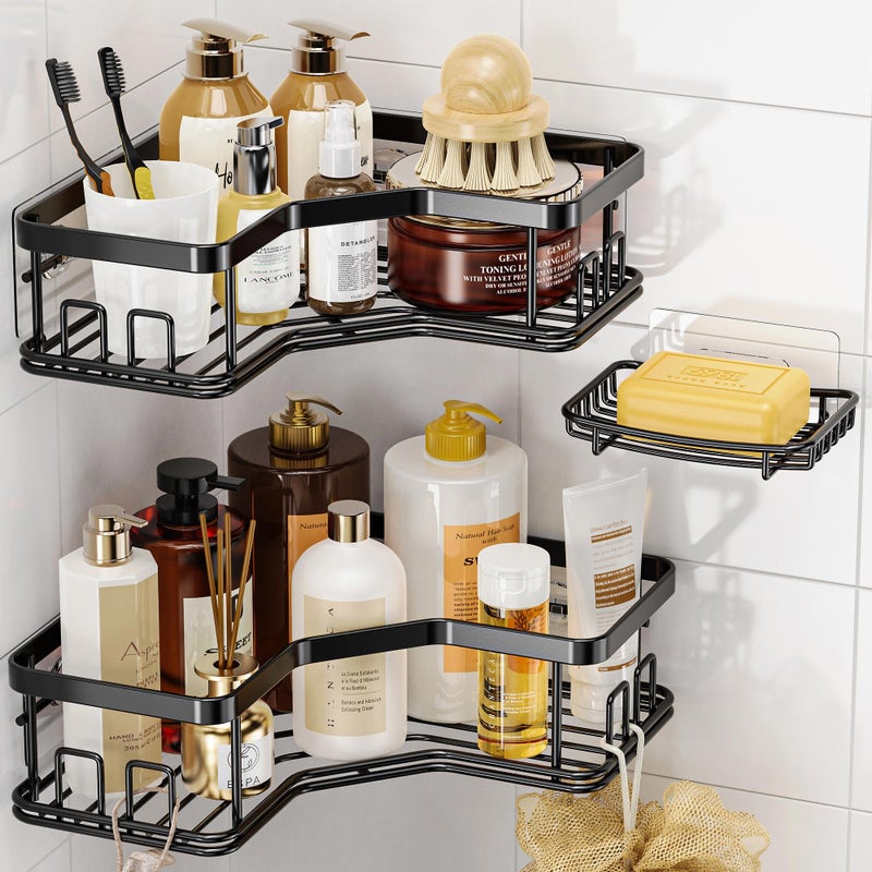 MAXIFFE 3 Pack Corner Shower Caddy with Soap Holder, Large Capacity Sturdy Easy Install No Drilling Stainless Steel Hold 40 LBS Shower Organizer Shelves Rack Storage for Family Renters Bathroom, Black - Image 1