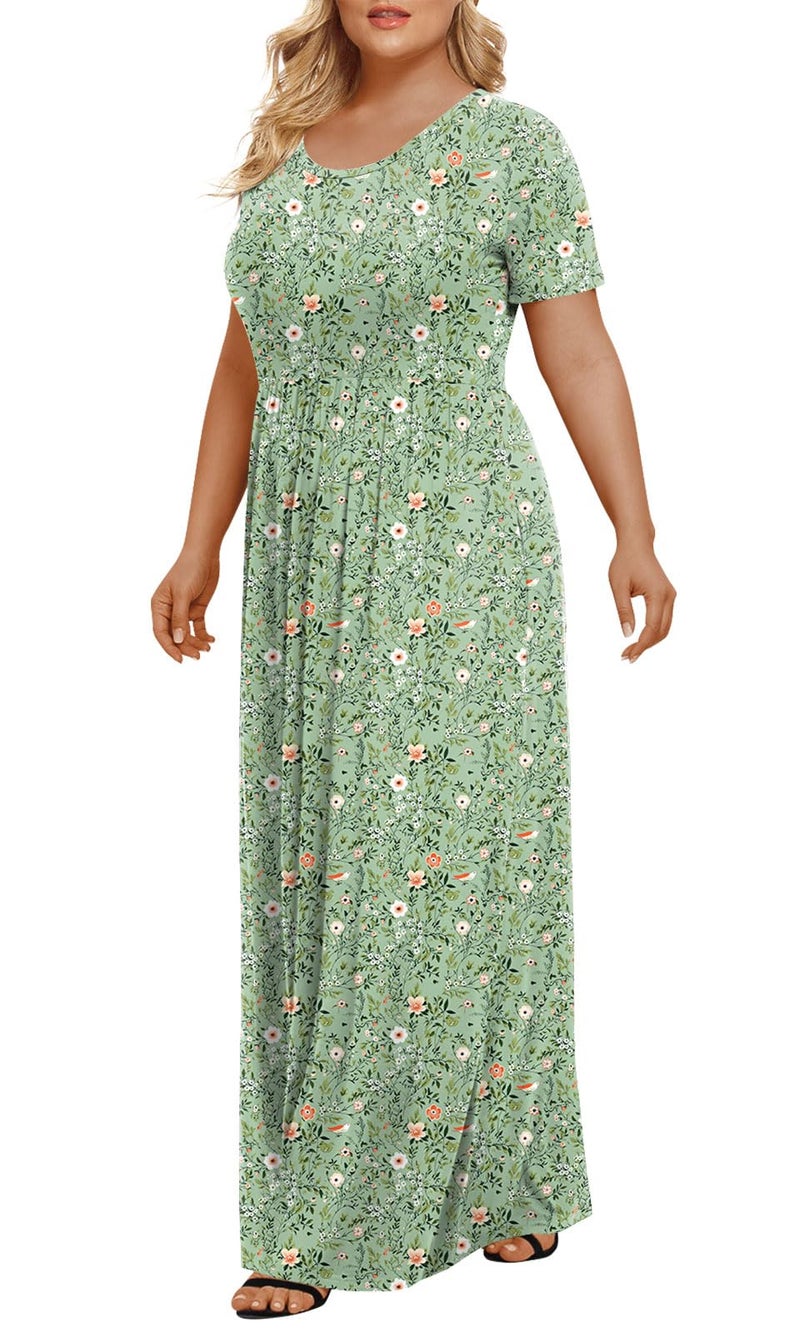 LONGYUAN Women's Plus Size Maxi Dresses for Curvy Women Summer Short Sleeve Casual 2026 Long Dress Green Fl 3XL - Image 2