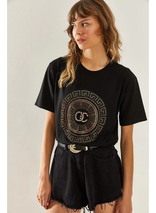 Ginger  Crew Neck Rhinestone Embellished T-shirt for Women | Best Price UAE