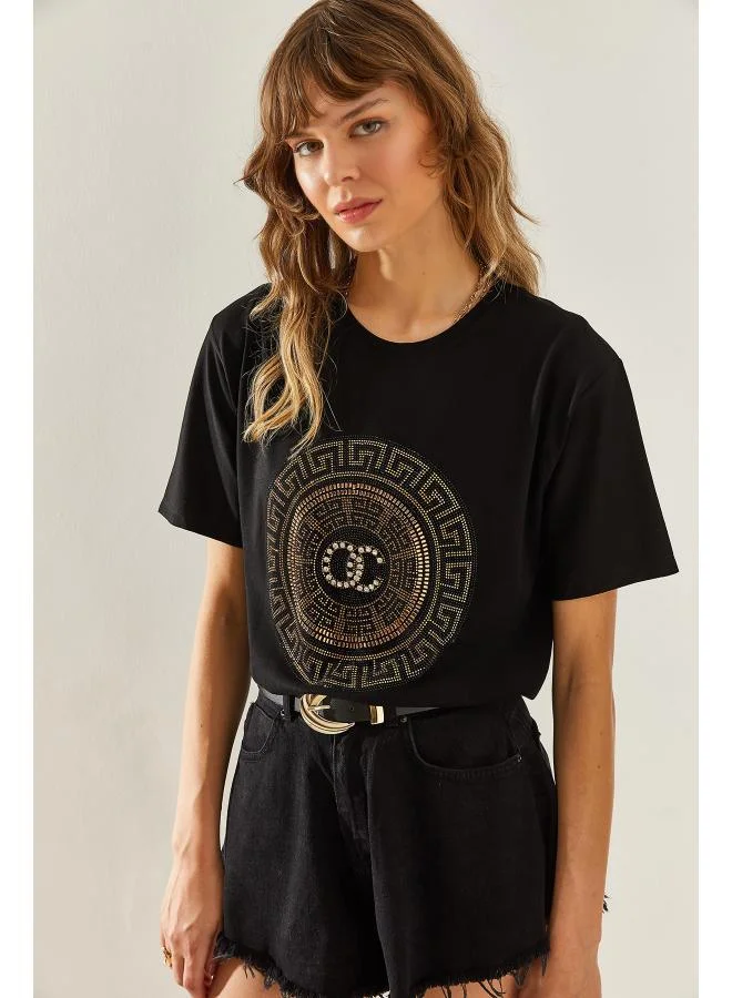 Ginger  Crew Neck Rhinestone Embellished T-shirt for Women | Best Price UAE