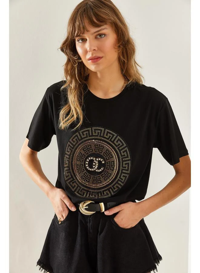 Ginger  Crew Neck Rhinestone Embellished T-shirt for Women | Best Price UAE