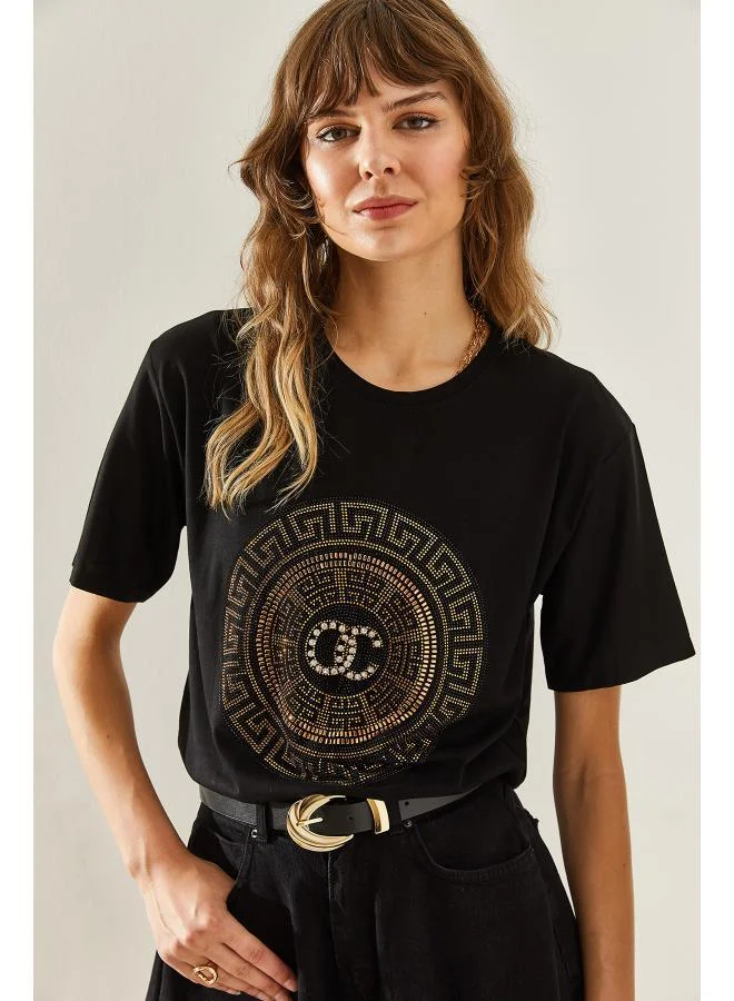 Ginger  Crew Neck Rhinestone Embellished T-shirt for Women | Best Price UAE