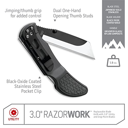 OUTDOOR EDGE 3.0" RAZOR-WORK - RazorSafe Replaceable Blade Folding Utility Knife with Pocket Clip, 3X Cutting Edge, Shaving Sharp (Gray, 3 Blades) - Image 3