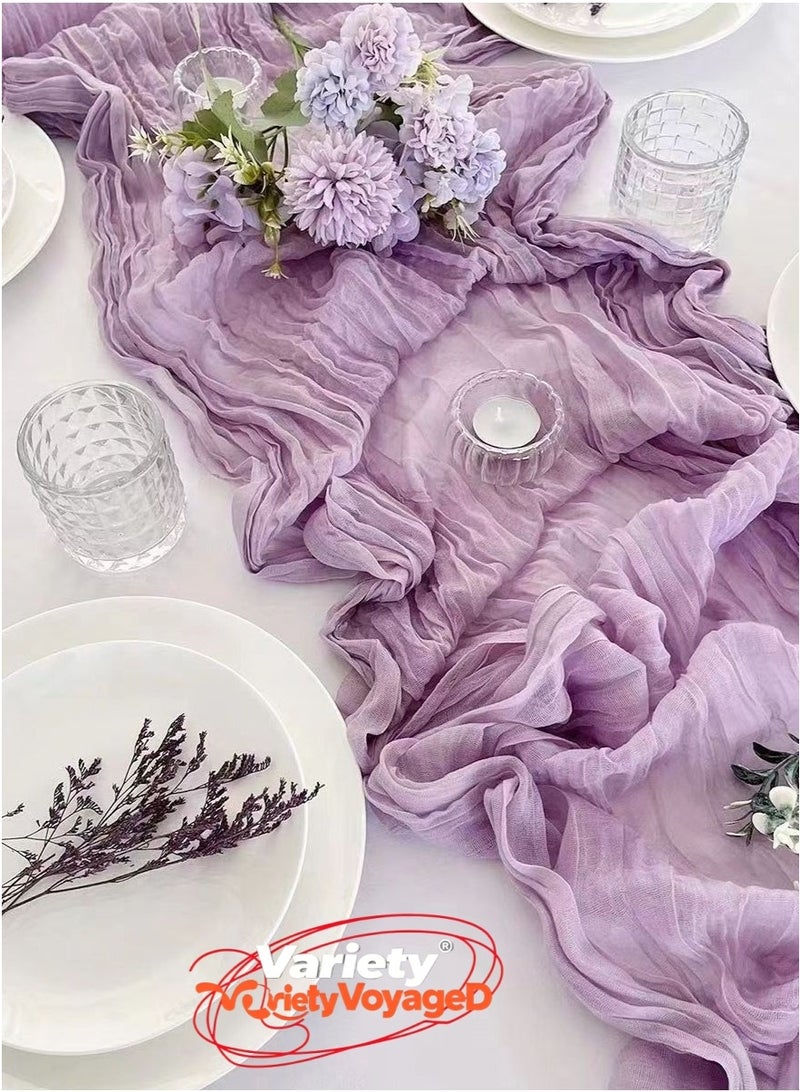 VarietyVoyageD 90*300 Translucent Table Runner, Chessian Tablecloth for Wedding Reception Bridal Shower Party Decoration Table Centerpiece,Boho Gauze Table Runner, Rustic Sheer Table Decor 90*300CM Purple - Image 1