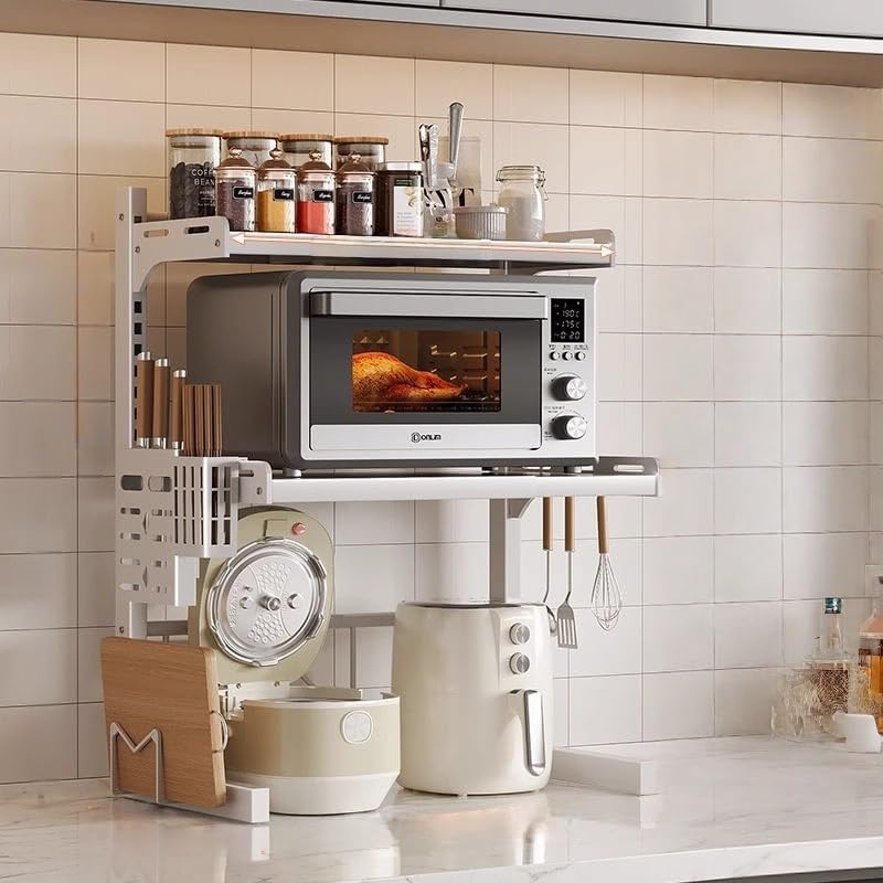 Adjustable Microwave Oven Rack Expandable Kitchen Shelf Stand Metal Kitchen Countertop Organizer Shelf Bakers Rack Shelf Kitchen Duty Stand Chopping Board Knife Rack Cutlery Cage (1) - Image 1