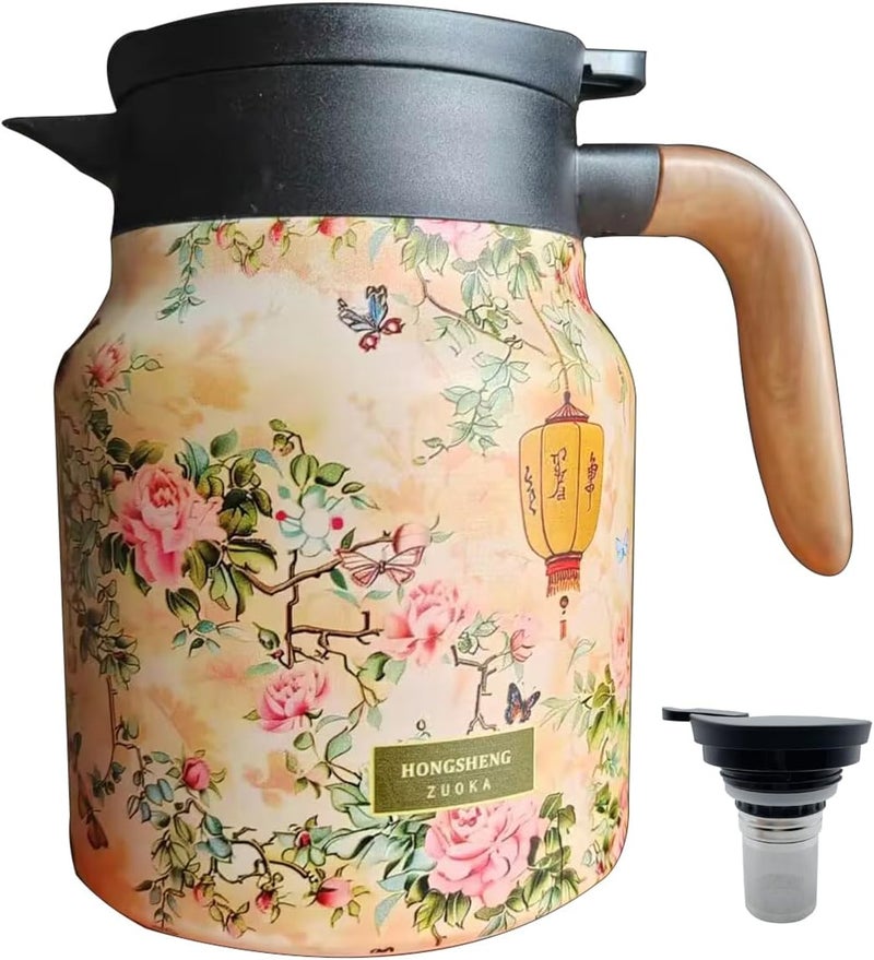 MofivKce 1000ml Smart Temperature Control Vintage Floral Tea Thermos Stainless Steel Insulated Mug with Built-In Filter Double Wall Vacuum Travel Tumbler for Hot Cold Drinks (plum blossom) - Image 1