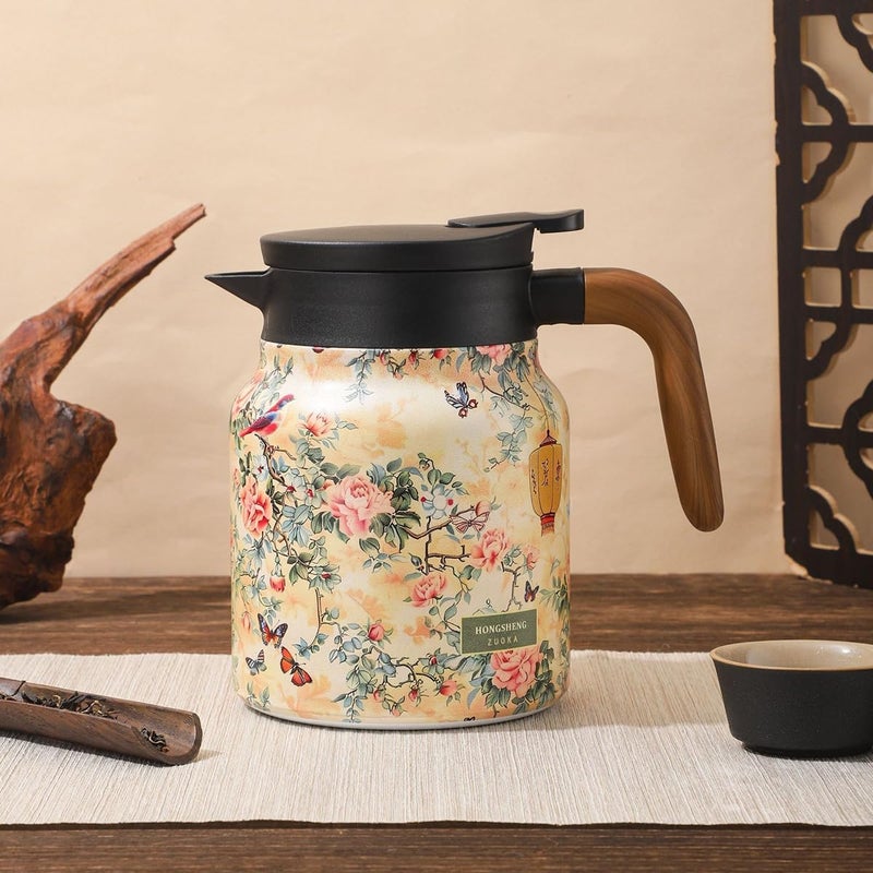 MofivKce 1000ml Smart Temperature Control Vintage Floral Tea Thermos Stainless Steel Insulated Mug with Built-In Filter Double Wall Vacuum Travel Tumbler for Hot Cold Drinks (plum blossom) - Image 2
