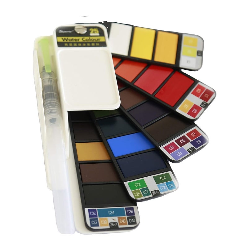 worison Solid Watercolor Paint Set 25 Colors Foldable Water Paint Set with Brush Pen Travel Pocket Water Color Pigment for Outdoor Drawing and Art - Image 1