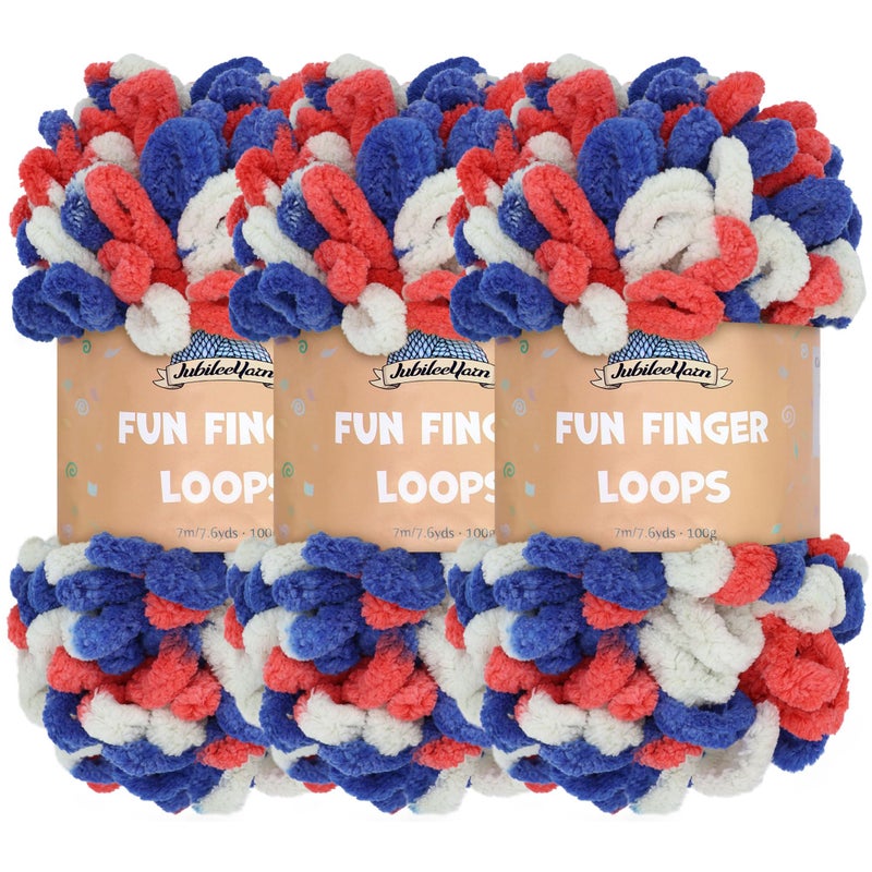 BambooMN JubileeYarn Fun Finger Loops Yarn Jumbo Polyester Team Spirit Colors 100gSkein Red White Blue 3 Skeins