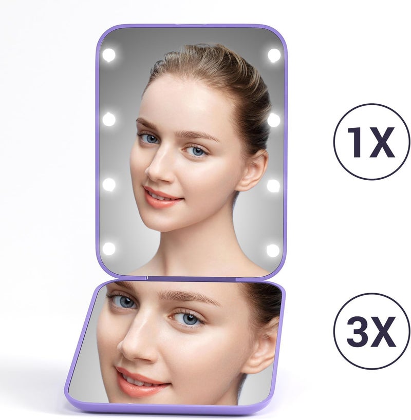 Kintion Pocket Mirror, 1X/3X Magnification LED Compact Travel Makeup Mirror with Light for Purse, 2-Sided, Portable, Folding, Handheld, Small Lighted Mirror for Gift, Purple - Image 3