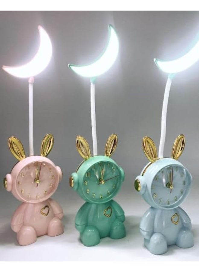 Spaceshoop LED Table Lamp with Clock Bunny Design Night Light with Moon Shade Digital Alarm Clock Pink Blue Green Multicolor - Image 3