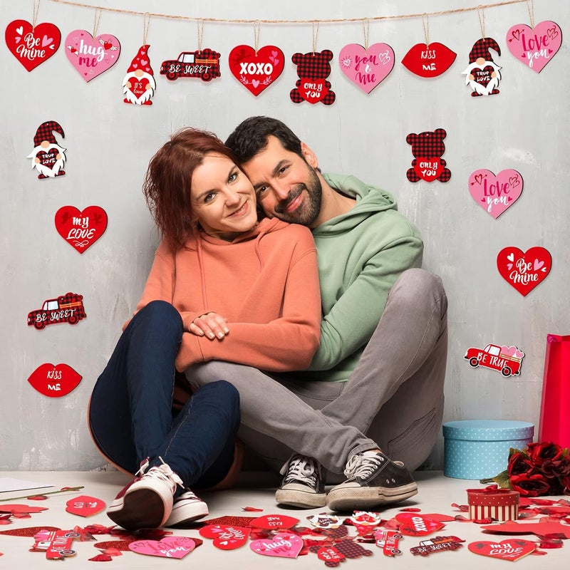 Glenmal زينة عيد الحب 36 قطعة من جلينمال، زينة خشبية، زينة قزم عيد الحب، شاحنة حمراء، دب، زينة معلقة للشفاه لحفلات الزفاف، ذكرى الزواج، ديكور الجدران - Image 4