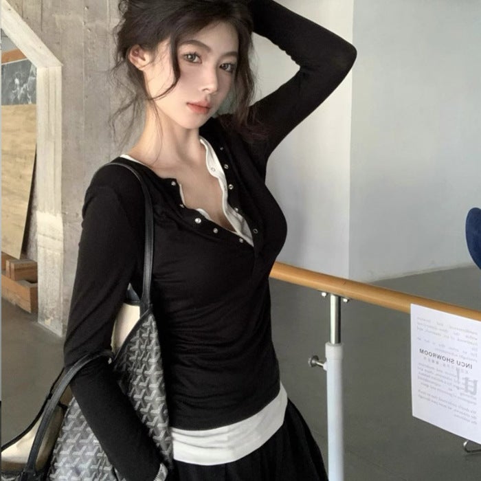 Official Picture, , Fake Two-Piece Splicing Contrasting Color Long-Sleeved T-Shirt For Women, Slim Design, Elegant And Versatile Top - Image 1