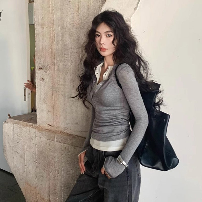Official Picture, , Fake Two-Piece Splicing Contrasting Color Long-Sleeved T-Shirt For Women, Slim Design, Elegant And Versatile Top - Image 4