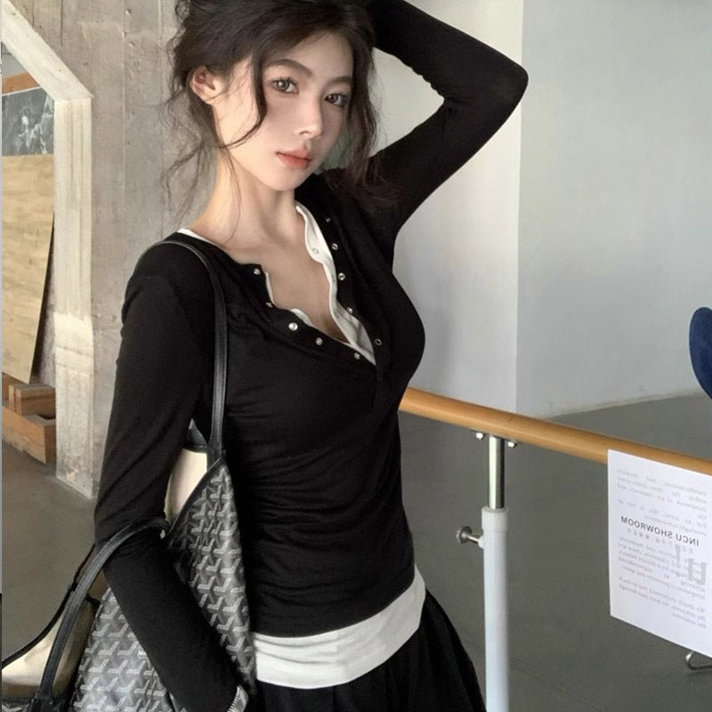 Official Picture, , Fake Two-Piece Splicing Contrasting Color Long-Sleeved T-Shirt For Women, Slim Design, Elegant And Versatile Top - Image 5