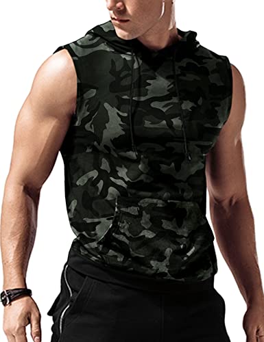 Amussiar Men's Hooded Tank Tops Bodybuilding Muscle Cut Off T Shirt Sleeveless Gym Training Hoodies Workout Dry Black-Camouflage - Image 1