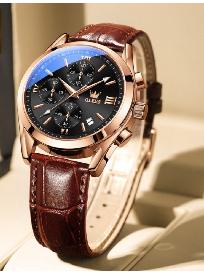 OLEVS Watch for Men pu leather Strap Chronograph Luxury Multifunction Dial Luminous Waterproof Calendar Moon Phase Analog Quartz Sports Wrist Watches - Image 1