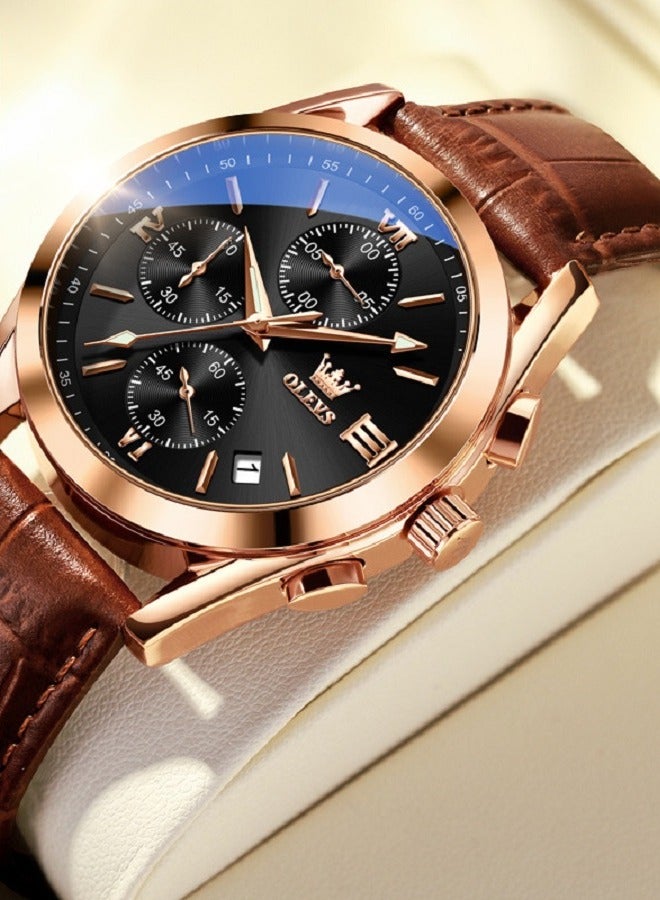 OLEVS Watch for Men pu leather Strap Chronograph Luxury Multifunction Dial Luminous Waterproof Calendar Moon Phase Analog Quartz Sports Wrist Watches - Image 2