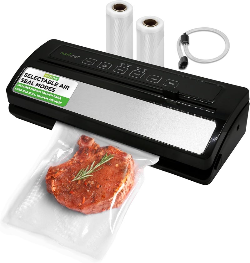NutriChef آلة ختم الطعام بالفراغ، هيكل من الفولاذ المقاوم للصدأ و ABS، نظام ختم تلقائي للأطعمة الجافة والرطبة، تحكم باللمس LED، تشمل أكياس، خرطوم وقطاعة رول، قوة شفط 110 واط، 14"x6" - Image 1