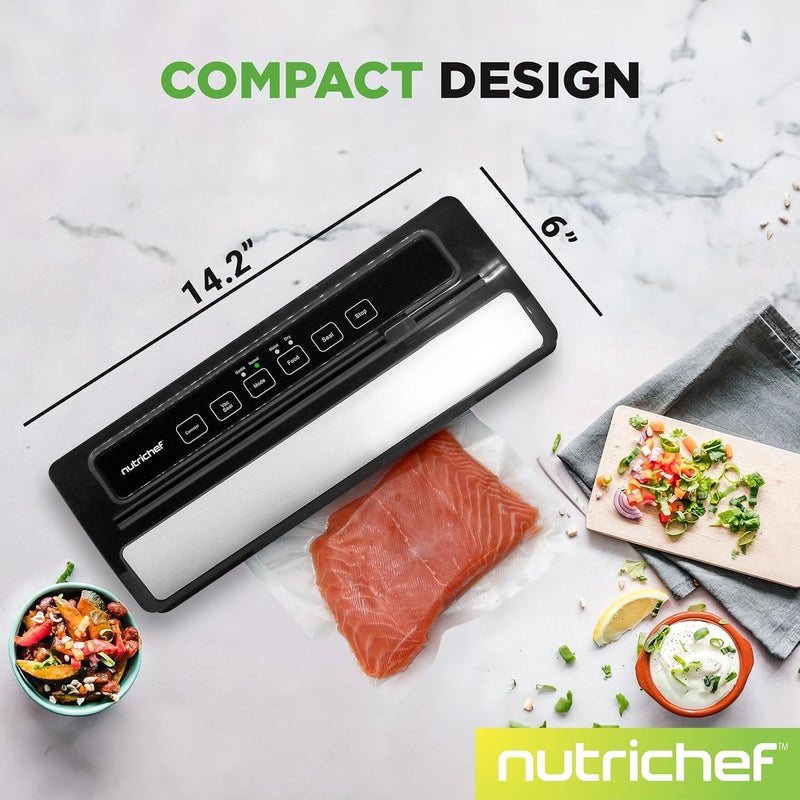 NutriChef آلة ختم الطعام بالفراغ، هيكل من الفولاذ المقاوم للصدأ و ABS، نظام ختم تلقائي للأطعمة الجافة والرطبة، تحكم باللمس LED، تشمل أكياس، خرطوم وقطاعة رول، قوة شفط 110 واط، 14"x6" - Image 2