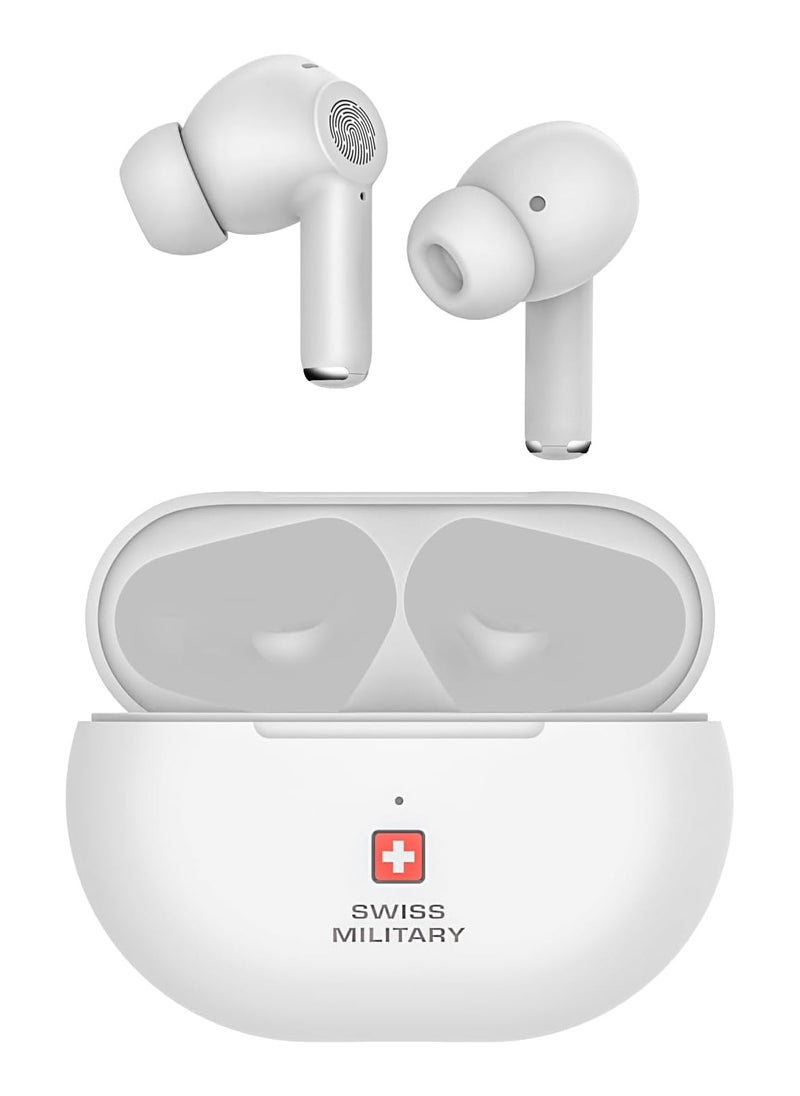 SWISS MILITARY Delta5 Active Noise Cancelling Earbuds with ENC & Transparency Mode, Smart Touch Sensors, 300Hr Standby & 5Hr Music Time, Seamless Connectivity, Works with Android/iOS Phones- White  - Image 1